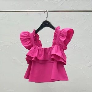 Zara Collection Girls Hot Pink Ruffle Sleeve Blouse size 4-6 Year